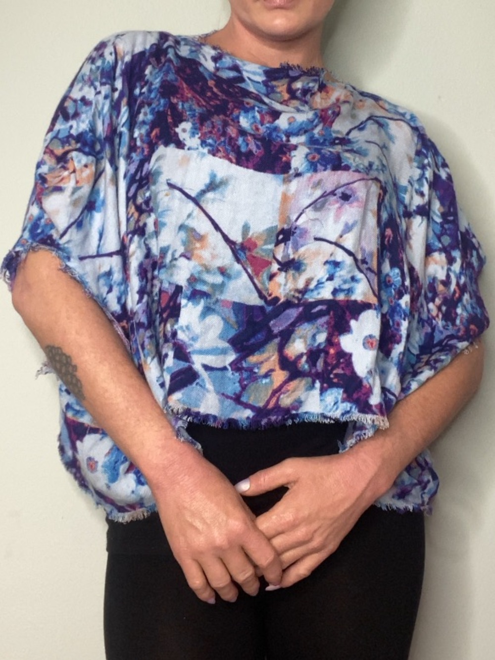 Upcycled Blue Marble T Shirt Poncho S/M Kimono Sleeve Boho Top